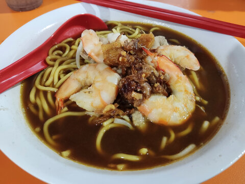 Authentic prawn mee or noodle with shrimps