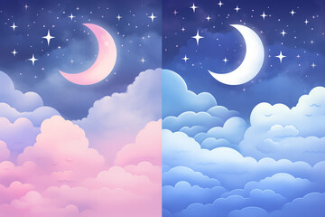 Naklejka na ściany i meble Watercolor sunset or sunrise and night sky. Magic horizon with pink and purple clouds and crescent moon. Beautiful nature concept. Design for textile, fabric, paper, print