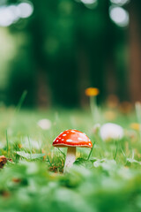 Fly agaric mushrooms on blurred forest background. Autumn nature. Floral design for card, banner, wallpaper, poster