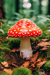 Fly agaric mushrooms on blurred forest background. Autumn nature. Floral design for card, banner, wallpaper, poster