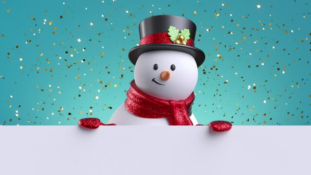 3d animation of a gentleman snowman toy wearing hat, smiling and blinking. Christmas greeting card template with blue background and gold confetti