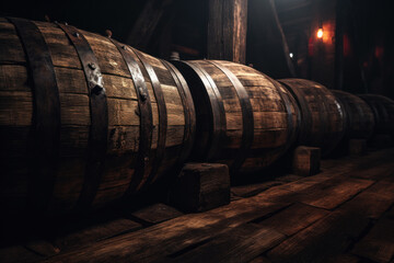 Vintage wooden barrels in dark wine cellar of medieval winery. Old oak casks with rum in underground storage. Concept of vineyard, viticulture, production, winemaking, wood, ship - obrazy, fototapety, plakaty