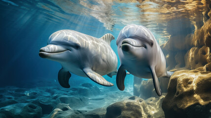 Obraz premium Two cute smiling dolphins swim underwater in sea, ocean under water life. Theme of wildlife, wild animal, travel, nature