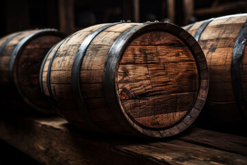 Vintage wooden barrels texture background, dark wine cellar of winery. Old oak casks in underground storage. Concept of vineyard, viticulture, production, winemaking, wood, rum