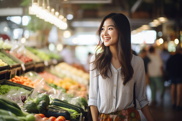 Obraz premium asian woman is shopping buying fruits at Sunday produce market