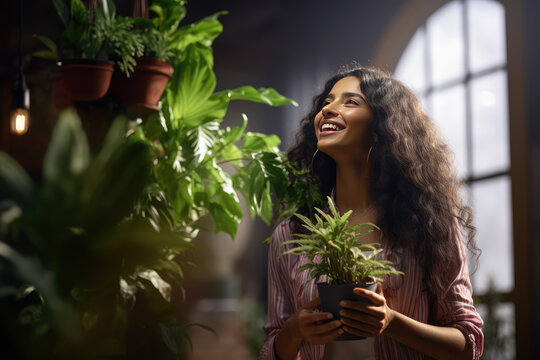 Long curly hair tan  woman holding a plant indoor