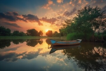 A beautiful pond sunset time and wooden boat fill with beautiful flowers, blue cloudy sky reflection in the water, some beautiful natural tree around the pond,