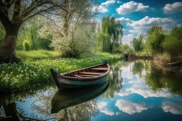 Naklejka na ściany i meble Beautiful Pond Background with wooden boat blue cloudy sky reflection in the water, beautiful natural cherry blossom tree