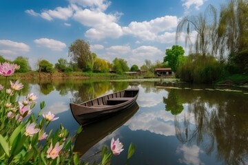 Fototapeta na wymiar Beautiful Pond Background with wooden boat blue cloudy sky reflection in the water, beautiful natural cherry blossom tree