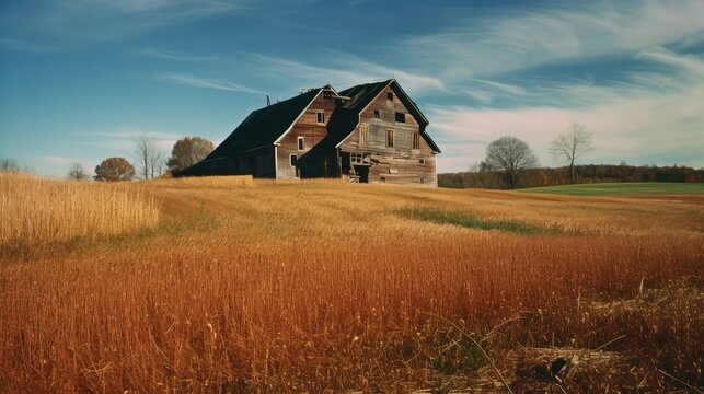 Rustic countryside farm with a weathered red barn with blue sky, rolling fields of golden wheat ready for harvest,