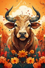 A cow’s head in a cartoon style with horns in orange and yellow flowers and leaves. The background is a gradient of orange and yellow.