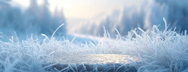 Fotobehang Winter white frost background. Frosted grass and shrubs in valley against forest mountain landscape. Atmospheric frost-covered dry plants during snowfall in the morning. © Igor Tichonow