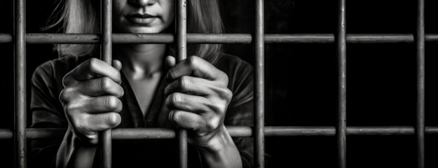 Trapped woman prisoner behind iron bars. Sad adult girl holding a steel cage. Black and white photography. Close-up of hands. - obrazy, fototapety, plakaty