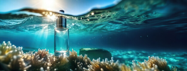 Fototapeta na wymiar Moisturizing serum in a transparent bottle for cosmetics in translucent water blue background with waves and ripples near green medical algae.