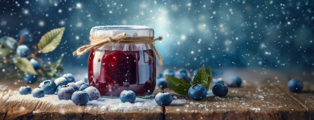 Jar of blueberries jam on a snowy winter background with New Year decorations. Fresh blue berries were dusted with snow. Homemade preparations for the winter. - obrazy, fototapety, plakaty
