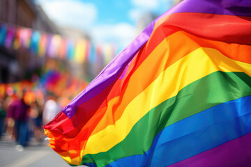 A rainbow flag waving in the wind at a pride parade. Concept of celebrating diversity and LGBTQ+ visibility. Generative Ai.