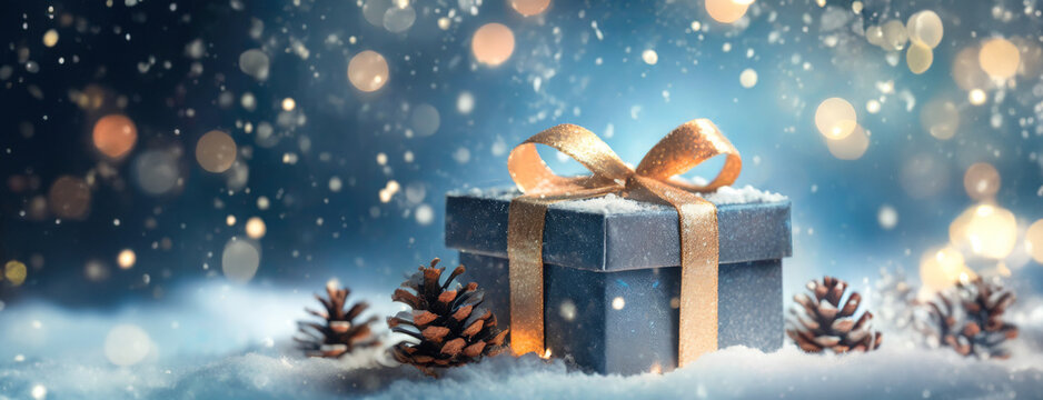 Gift Box Wrapped In Black Paper With Golden Ribbon On Festive Snow Background. Black Week Friday, Boxing Day. Copy Space For Text.