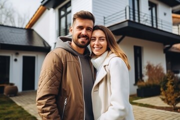 Happy young couple standing in front of their new house