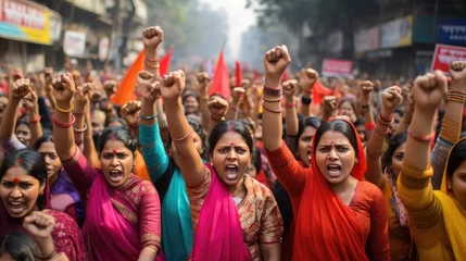 Fototapeten group of indian women with their fists raised at a demonstration. woman power © Pelayo