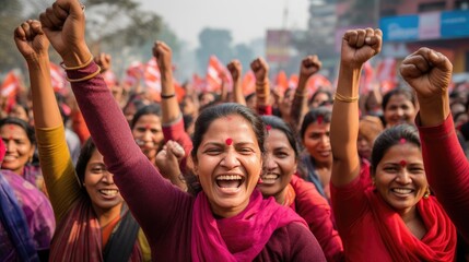 group of indian women with their fists raised at a demonstration. woman power