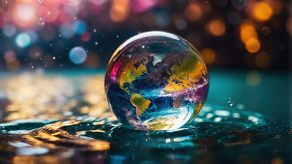 A glass magic ball or a drop of water with the planet earth inside
