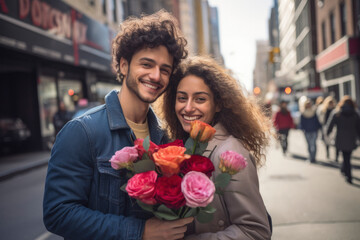 Young romantic couple on the street with a bouquet of flowers for Valentines day