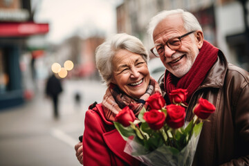 Elderly man surprises his wife on the street with a bouquet of red roses for Valentine's day