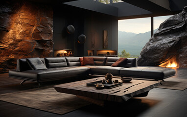 A black leather couch in the middle of a living room