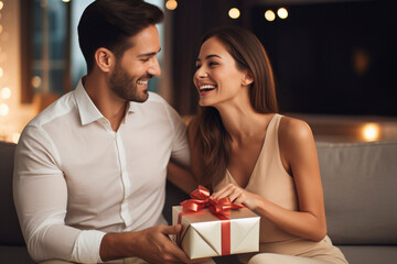 Man and woman in love exchange a gift