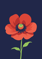 red poppy flower on blue isolated background, SVG vector art, isolated, pretty flower, nature, floral concept, green stem and leaves, natural beauty