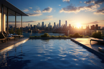A rooftop pool with a stunning city skyline in the background. Concept of urban luxury. Generative...