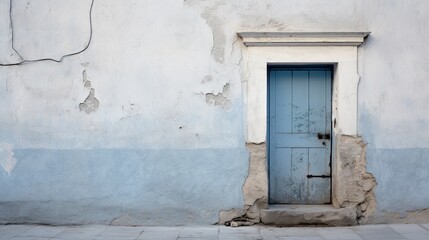 The dilapidated wall of the building and the wooden door require major repairs. Facade of a house with damaged plaster. Photophone for retro shooting. Illustration for cover, card, interior design.