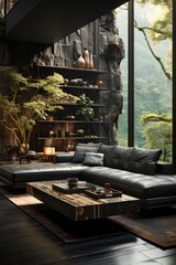 A black leather couch in the middle of a living room