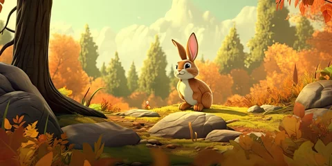 Poster cartoon wildlife scene with rabbit, forest and autumn forest, generative AI © VALUEINVESTOR