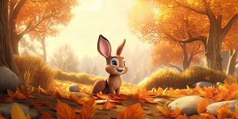 cartoon wildlife scene with rabbit, forest and autumn forest, generative AI