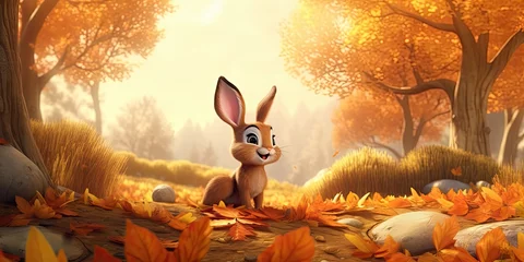 Fototapeten cartoon wildlife scene with rabbit, forest and autumn forest, generative AI © VALUEINVESTOR