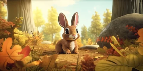 Zelfklevend Fotobehang cartoon wildlife scene with rabbit, forest and autumn forest, generative AI © VALUEINVESTOR