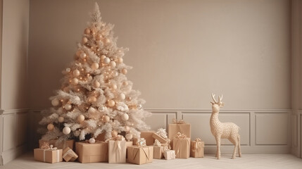 Beautiful Christmas tree with gift boxes and wooden reindeer near beige wall. decorations, xmas, celebrate new year happy festival, party, gift, present, card, happiness, countdown, gift box. holiday.