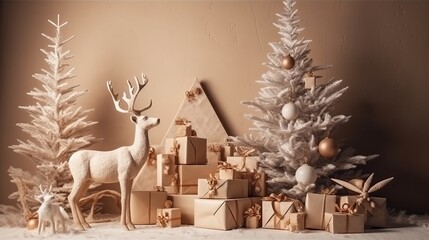 Beautiful Christmas tree with gift boxes and wooden reindeer near beige wall. decorations, xmas, celebrate new year happy festival, party, gift, present, card, happiness, countdown, gift box. holiday. - obrazy, fototapety, plakaty