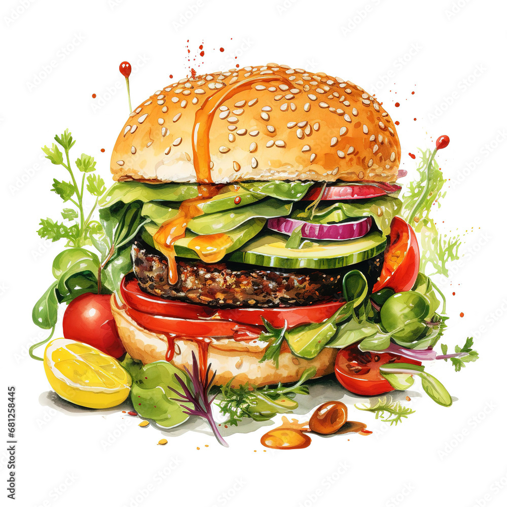 Poster delicious towering burger on a white background