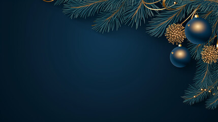 Pine branches and Christmas ornaments on a blue background