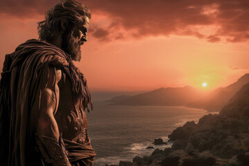 Depiction of Odysseus, the legendary Greek hero, bathed in the golden hues of a seaside sunset. Image evokes the themes of homecoming, perseverance, and the enduring legacy of a mythical hero. - obrazy, fototapety, plakaty