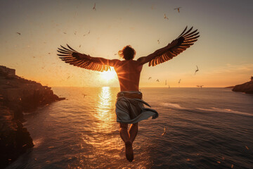 Depiction of Icarus's daring flight from Ikaria in Ancient Greece, soaring above the sea towards the sun. The image showcases the essence of ambition, courage, and the caution of reaching too high.
