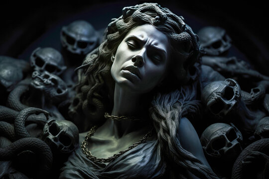 Depiction of Medusa, the fearsome Gorgon of Greek mythology, notorious for her petrifying gaze and serpent-haired visage. Image embodies the duality of beauty and terror, power and vulnerability.