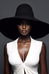 Portrait of African fashion model in white dress and balcj dress on gray background.