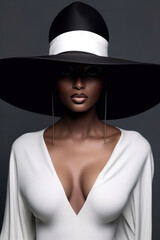 Portrait of African fashion model in white dress and balcj dress on gray background.