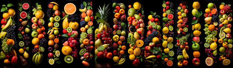 Naklejka na ściany i meble Ultra-wide collage of vibrant and succulent fruits, creating a visually stunning tableau that celebrates the diversity of nature's bounty, offering a feast for the eyes