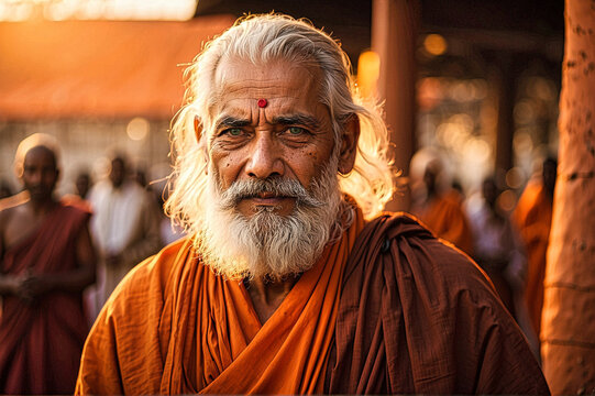 A serene old Hindu monk with a wise gaze, dressed in traditional orange saffron robes with an orange turban, embodying spiritual calm.