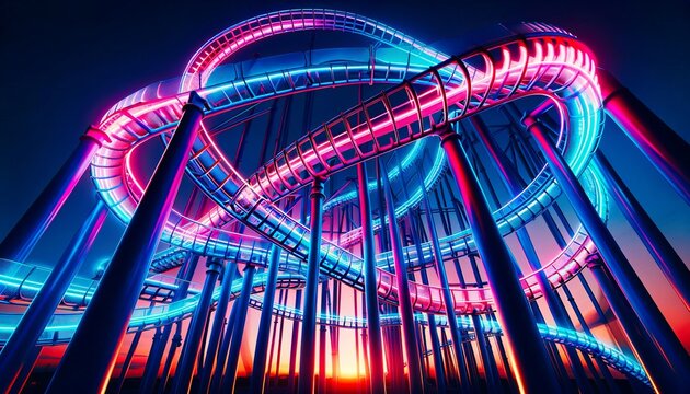 Experience the thrill of an amusement park with this roller coaster image, illuminated by neon lights, showcasing the excitement and adventure of the ride at twilight. Generative AI
