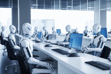 Robots working computer monitor artificial intelligence cyborg team automatic machine office programming digital team technology innovation internet electronic automated productivity future industry